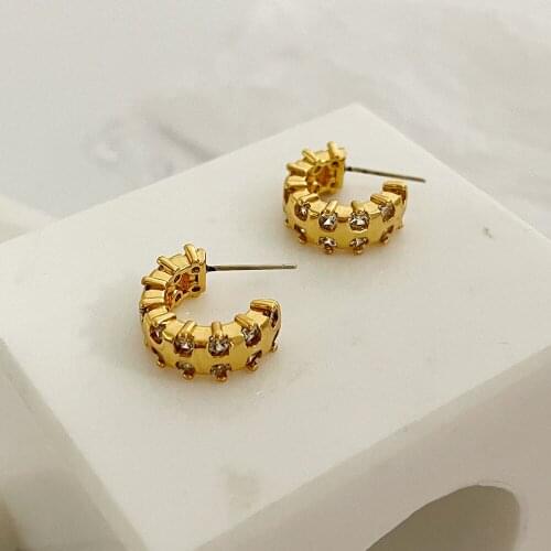 Monlansher Geometric C Tires CZ Stone Hoop Earrings Gold Color Copper Metal Earrings Womens Vintage Statement Earrings Jewelry