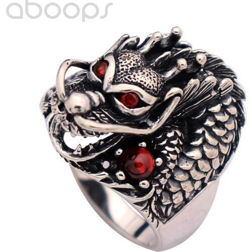 Vintage Black 925 Sterling Silver Chinese Dragon Head Ring with Red Garnet Stones,Mens Jewelry,Size 8-12,Free Shipping