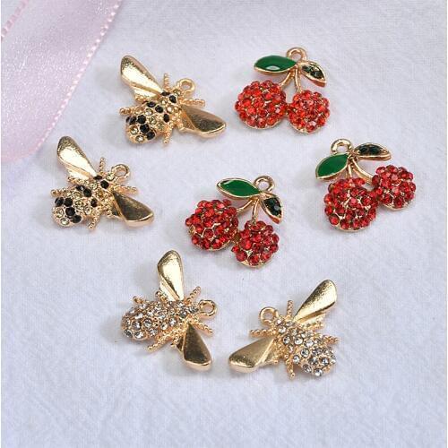New 30pcs/lot rhinestone core decoration Cherry/bee shape alloy floating locket charms diy jewelry earring pendants accessory