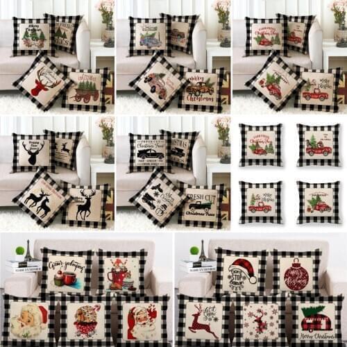 New Design Grey Black Plaid Christmas Pillows Case Sofa Tartan Cushion Case Reindeer/Trees/Car Print Pillows New Year Home Decor
