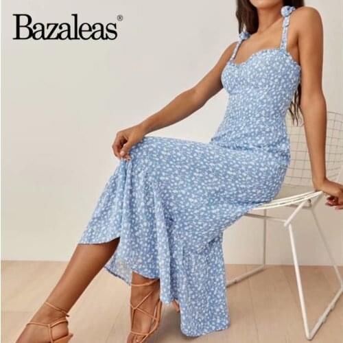 Bazaleas Vintage Tube Top Midi Dress Chic Blue Floral Print Adjust Spaghetti Strap Dresses Retro Sexy Ruffles Vestidos