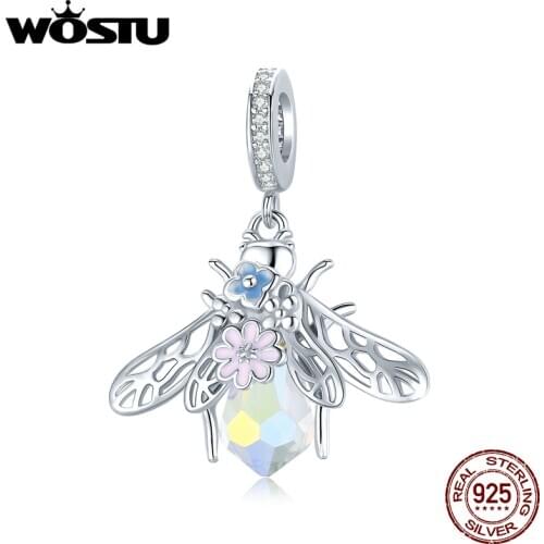 WOSTU 925 Sterling Silver Charms Colorful Bee Pendant Animal Bead Fit Original Bracelet Necklace For Women Jewelry CTC395