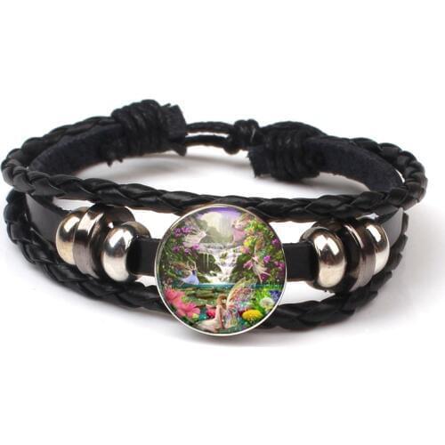 Vintage Charm Butterfly Kingfisher Pattern Leather Rope Bracelet Glass Animal Button Bracelet Men Women Jewelry Gift Souvenirs