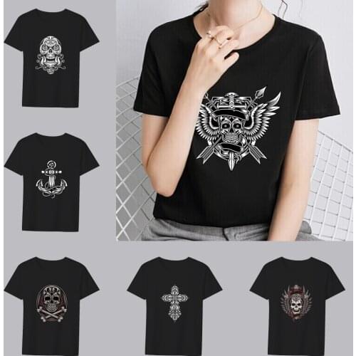Womens Summer Print T-shirt All-match Harajuku Funny Skull Pattern Series Top Classic O-neck Commuter Short-sleeved Tee Shirt