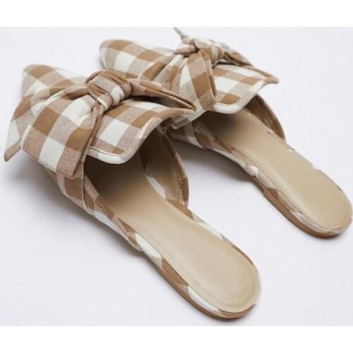 ZAR 2021 Summer New Fashion Pointed Toe Flat Lattice Bow Sexy Outer Wear Muller Sandals And Slippers Women Luxury Brand Mujer