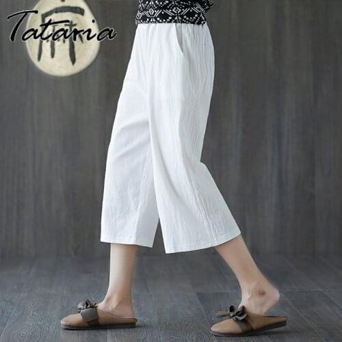 Womens Cotton Linen Pants Classic Elastic Waist Vintage Wide Leg Loose Casual Pants White Black Thin Soft Cotton Trousers Girl
