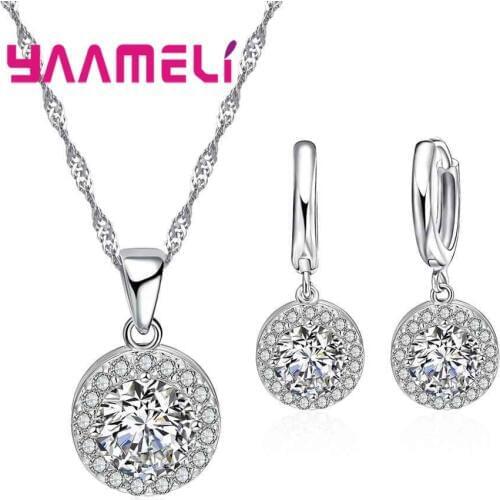 YAAMEL Classic Round Jewelry 925 Sterling Silver Necklace Earrings Set Women Girls Party Wedding Shiny Cubic Zirconia Wholesale