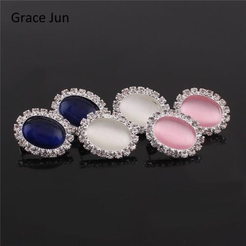 Grace Jun New Design Oval Rhinestone Opal Clip on Earrings Non Piercing for Women Wedding Charm Silver Plated Earrings