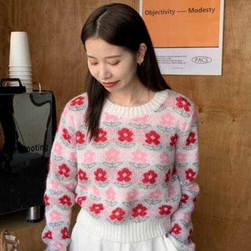 Korean Chic Early Autumn New French Gentle Wind Sweet Wild Temperament Round Neck Flower Pullover Knitted Sweater Women