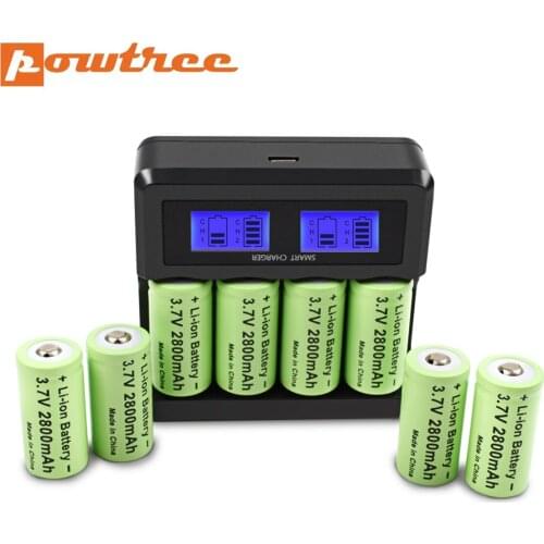 Powtree CR123A 16340 Battery 2800mAh 3.7V Rechargeable Li-ion Battery + LCD Charger for Laser Pen LED Flashlight Cell