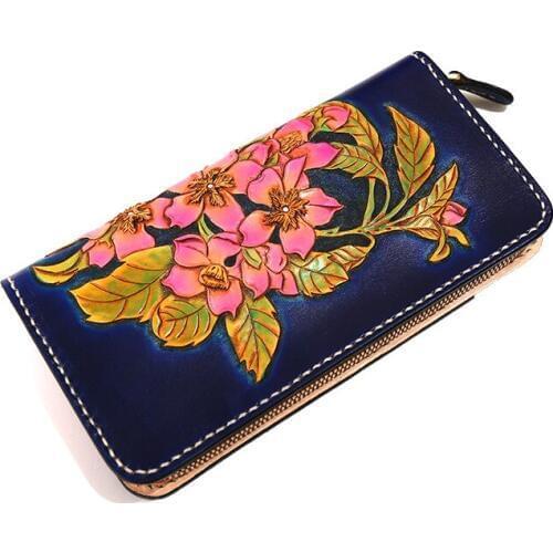 Free Lettering Hand-carved Magnolia Cowhide Wallets Bag Purses Women Long Clutch Vegetable Tanned Leather Mothers Day gifts