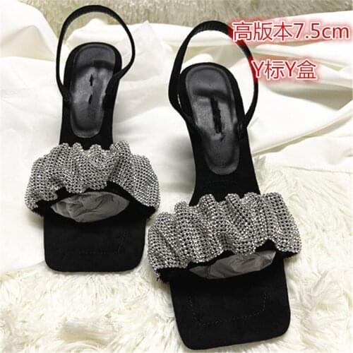 2021 summer new product AW King Rhinestone word with square toe open toe stiletto high heel black sandals
