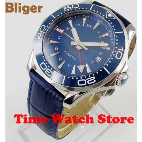 2019 New 41mm Bliger GMT Automatic watch men luxury 3ATM waterproof blue dial leather strap ceramic Bezel luminous sapphire 831