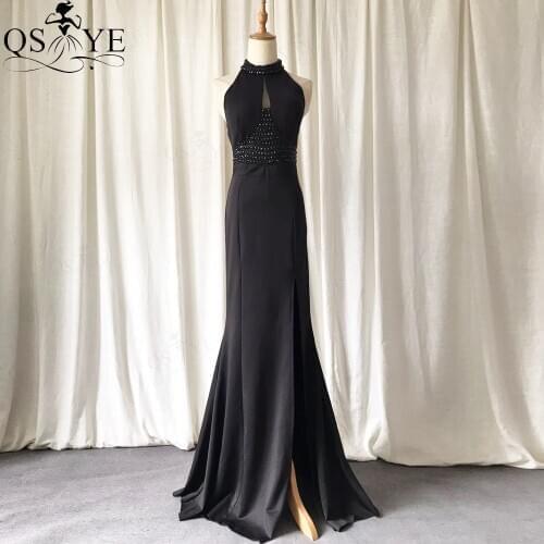 QSYYE Halter Neck Black Evening Dresses Mermaid Evening Gown CrystalWaistband Elegant Party Dress Elastic Formal Dress Sexy Slit
