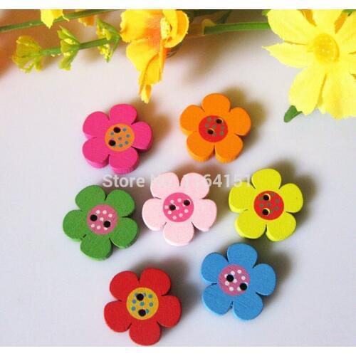50pcs/lot wood button 20mm Flower pattern kids cute loose wooden buttons bulk sewing botoes craft accessories scrapbooking