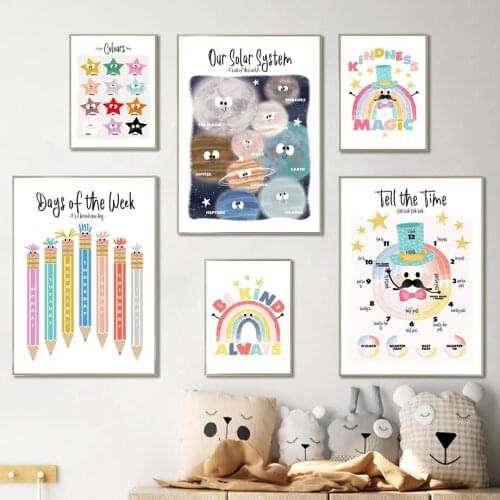 Nursery Educational Wall Art Poster Print Solar System Times Tables Rainbow Canvas Painting Wall Pictures For Kids Room Decor