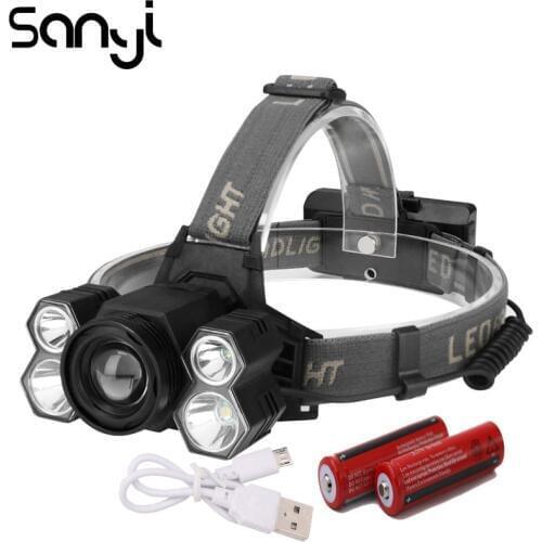 SANYI 5 Working Modes Flashlight Forehead 3*T6+2*XPE Headlight Power by 2* 18650 Batteries Head Lamp USB Rechargeable Lantern