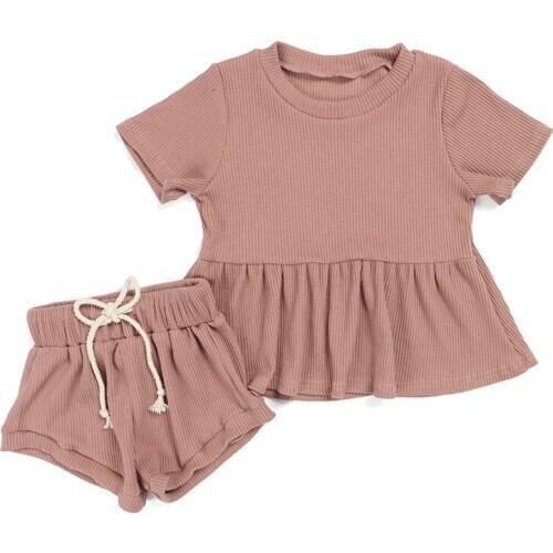 Kaiya Angle Casual Toddler Girl Summer Outfits Solid Cotton Short Sleeve T-Shirt+Elastic Short Pants New Arrival Top Clothes Set