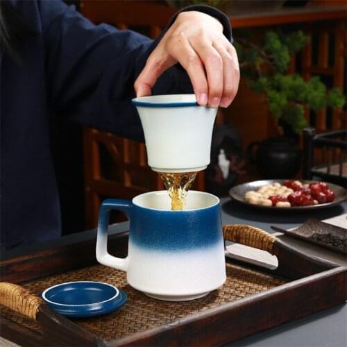 Ceramic Tea Cup with Lid and Filter Creative Tea Separation Mug Porcelain Office Coffee Cup Simple Gradient Water Cup Drinkware