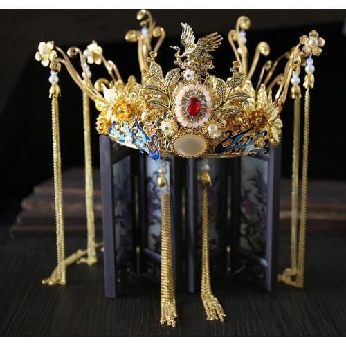 FORSEVEN Chinese Bride Bridal Wedding Hair Jewelry Sets China Gold Phoenix Flower Tiaras Crown with Tassels Dangle Earrings
