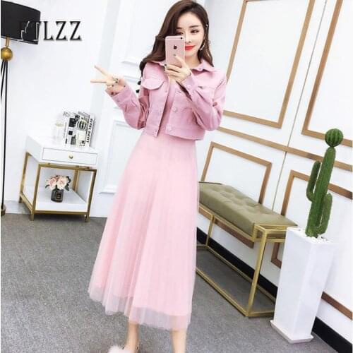 Fashion Streetwear Women 2pcs Sets Spring Autumn 2020 New Woman Corduroy Short Tops+medium Long Camisole Mesh Outfit Skirt