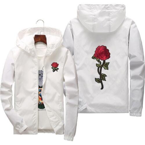 Women Basic Jackets 2020 Spring Women Hooded Jacket Coats Embroidery Rose Causal Men windbreaker Lightweight Bomber Famale White