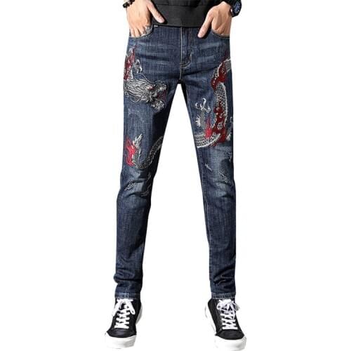 Mens Chinese dragon embroidery jeans Fashion embroidered slim straight stretch denim pants Trousers