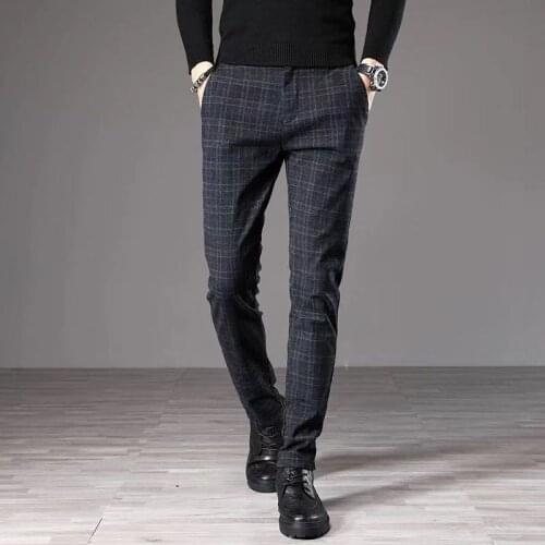 2020 Mens Spring Autumn Fashion Flat Slim Business Casual Long Suit Pants Male Straight Formal Trousers Plaid Pants Men L78