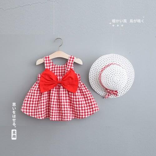 2021 New Summer Dress For Girls Bowknot Check Sling Summer Dress With Hat Girls Kids Costume Clothing