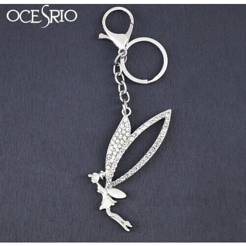 OCESRIO Crystal Fairy Angel Wings Silver Color Keychains Holder For Women Big Keyrings Charms Car Bag Key Ring Jewelry kch-a08