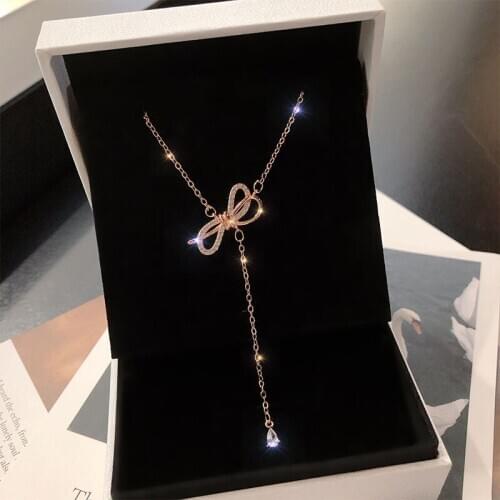 Korea Zircon Bow Necklace for Women Short Sweet Delicate Clavicle Chain Choker Party Fashion Trend Luxury Jewelry Girls Gifts