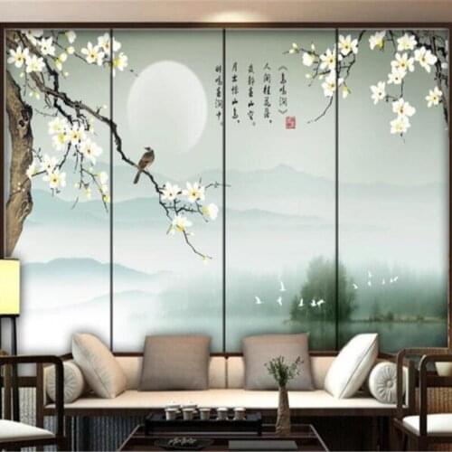 Custom Mural Wallpaper New Chinese Style Magnolia Flower Bird Ink Landscape Background Wall Painting