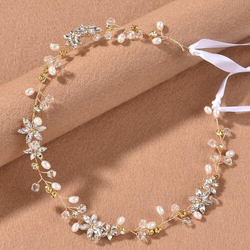 Pearl Crystal Headband Gold and Silver Headdress Bridal Wedding Hair Accessories Head Decoration with Ribbon LXH