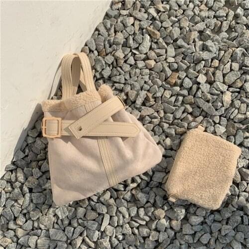 Luxury Handbags Winter Faux Fur Bucket Bag Vintage Velvet Tote Khaki Bags Women Messenger Bags Designer Brand Large Shoulder Bag