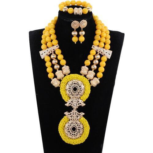 Luxury New 2018 Latest Deep Yellow Beaded African Costume Jewelry Set Wedding Bib Crystal Statement Necklace Set Mustard ABH782