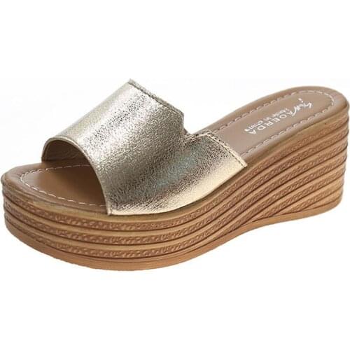 Women Sandals Open Toe Platform Slippers Women Wedge Flip Flops Beach Shoes Female Casual Non-Slip Slippers Gold Sumemr Shoes