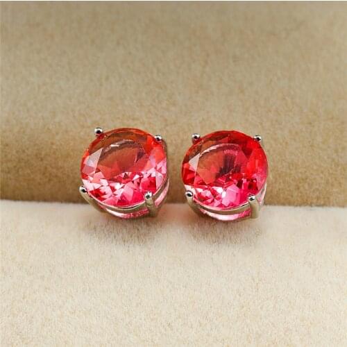 Elegant Pink Yellow Zircon Round Stone Earrings 100% Real 925 Sterling Silver Earrings For Women Wedding Stud Earrings 6/7/8mm