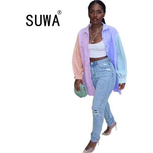 New Product Pink Blue Patchwork Classic Fashion Women Tunic BF Style Long Sleeve Oversize Shirt Blouse Streetwear 2020