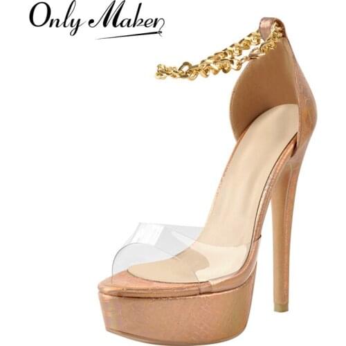 Onlymaker Womens Summer Peep Toe Sandals Platform Patent Leather Stone Print Ankle Metal Chain Buckle Thin High Heels Shoes