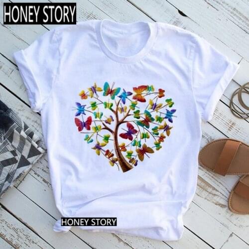 FIXSYS Female Casual Round Neck Short Slee Tops Woman Butterfly Tree Print Harajuku Summer Tshirts Girls Tee Shirt,Drop Ship