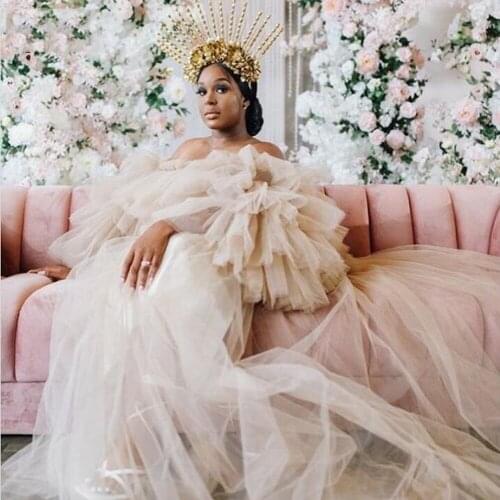 Pretty Illusion Tulle Women Dresses Off The Shoulder Ruffles Tiered Long Tulle Pregnant Dress Female Undefined Vestido