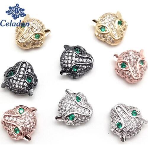 2pcs/lot Copper Spacer Beads Green Eyes Leopard Head Beads Charms 10mm for Men Bracelets Jewelry Making DIY Accessories