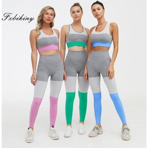 2020 FXbikiny Fitness Yoga Sets for Women Patchwork Sleeveless Sportswear Backless Bra + Leggings Pants Running Slim Clothing