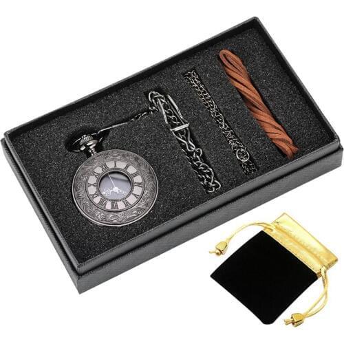 5pcs/set Vintage Black Unisex Roman Numerals Quartz Steampunk Pocket Watch Box Set Necklace Pendant Souvenir Gifts for Men Women
