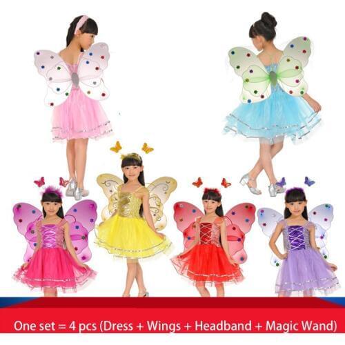 Kids Halloween Costume Butterfly Fairy Skirt Colorful Dance Skirt Fancy Dress One Set include Headband Wing Magic Wand