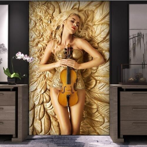 Dropship Colomac Custom Wallpaper Violin Gold Feathers Beauty Photo Wall Mural 3d Wallpaper Walls Bedroom Rivestimento Pareti