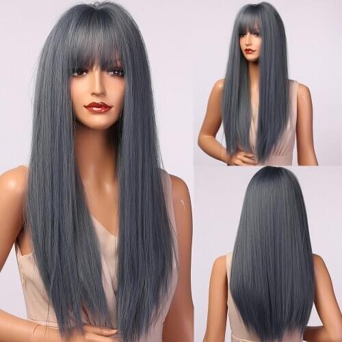 HENRY MARGU Cosplay Party Synthetic Hair Wigs Dark Blue Long Silk Straight Bob Wigs with Bangs for Women High Temperature Fibre