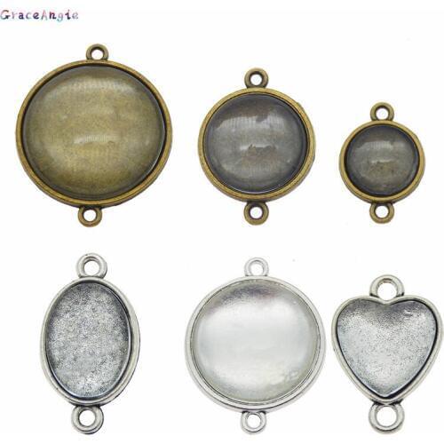 GraceAngie 6sets/pack Mixed Charm Tray Bezel Blank Connector Pendants with Glass Cabochons Bracelet DIY Making Accessory