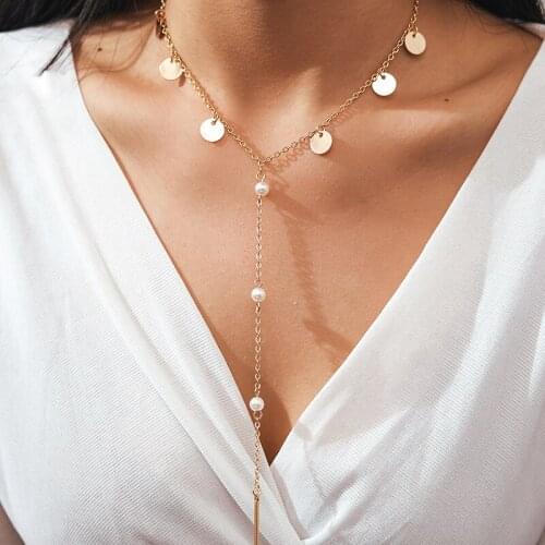 HuaTang Simple Gold Color Long Chains Imiation Pearl Choker Necklaces Geometric Pendants Necklaces For Women Jewelry Gifts 9198