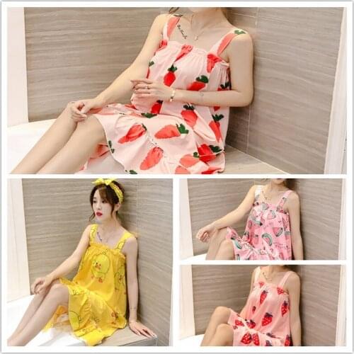 2020 Summer Women Cute Cartoon Strawberry Little Yellow Duck Sleeveless Vest Mini Dress Sleepwear Soft Home Clothing Nightgowns